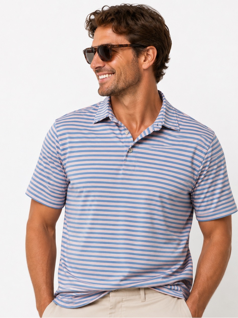 Peter Millar Summer Comfort Men’s Striped Golf Polo Pink Blue Size Large